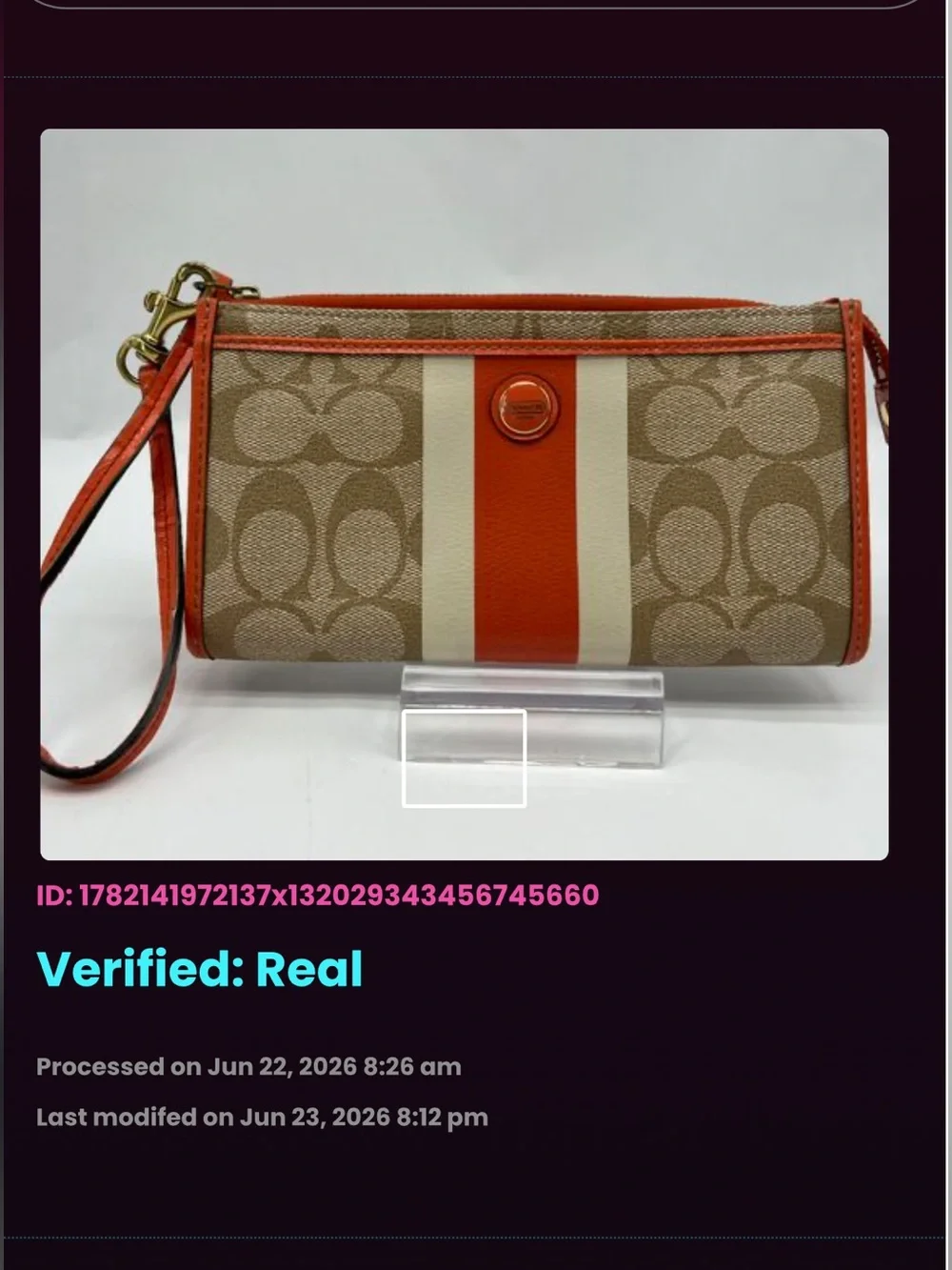 Coach Beige Signature Wristlet with Orange and White Stripes- Authentic